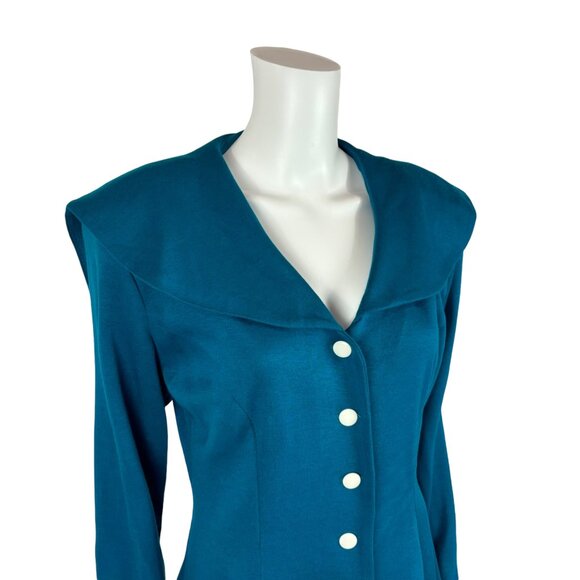 Vintage 80s Sailor Dress Women's Large Dark Turquoise Large Collar Button Down - Picture 5 of 10
